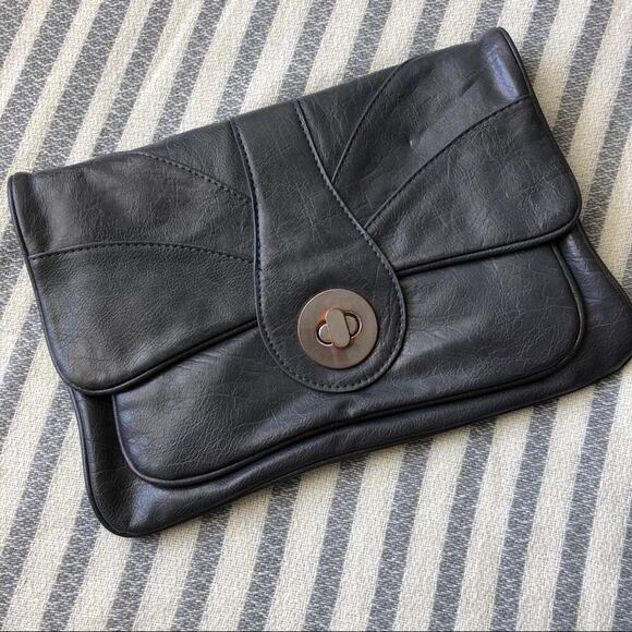 Large grey faux leather clutch red plaid lining - Picture 1 of 5
